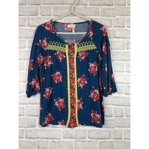 Matilda Jane Blue Floral Button Front Long Sleeve Blouse Size 16 Juniors